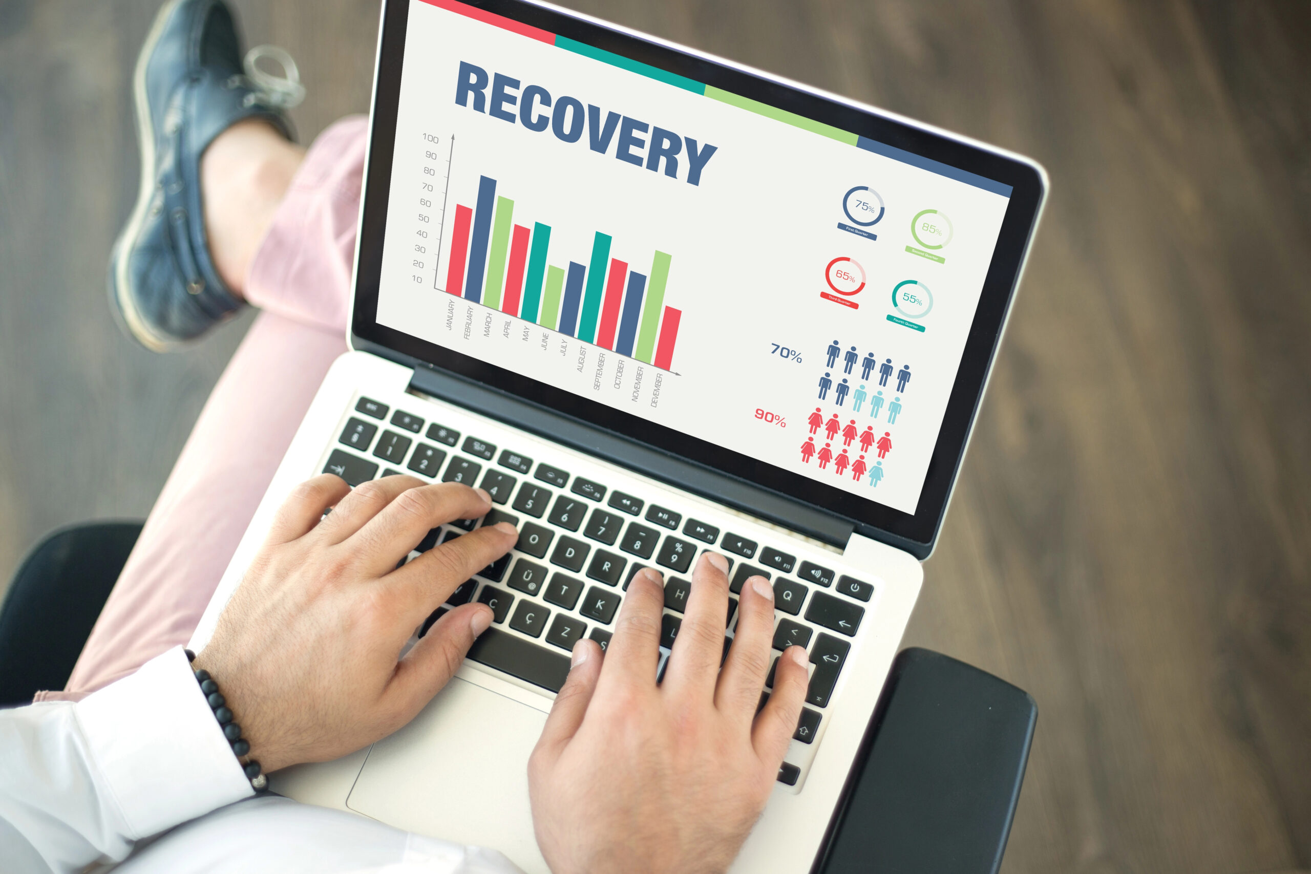 Business Continuity Dashboard Showing Recovery Metrics on Screen Screen displaying business continuity and disaster recovery data with graphs and performance metrics